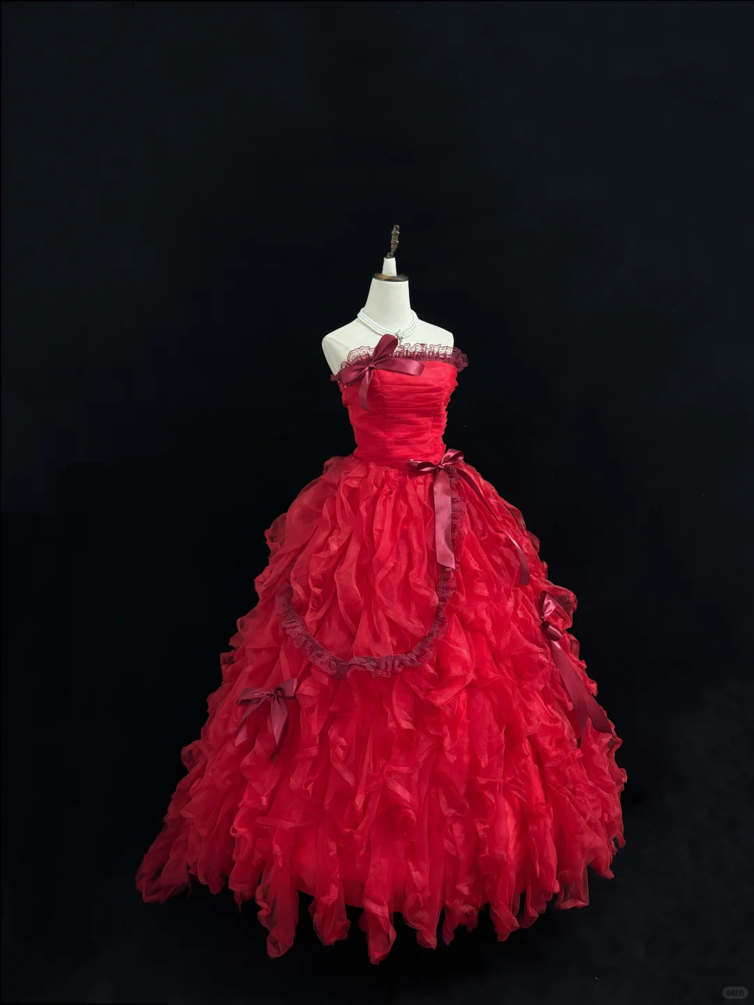 Red Strapless Cinched Waist Voluminous Tiered Skirt Long Romantic Dress, Wedding Gown gh7919