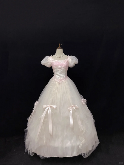 Blush Pink Puff Sleeve Romantic Gown, Cinched Waist, Voluminous Princess Skirt with Bow Details, Wedding Dress & Bridal Gown gh8139