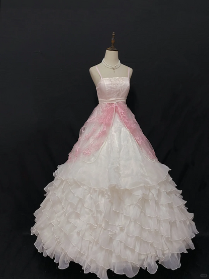 Blush Pink Spaghetti Strap Wedding Dress, Cinched Waist, Long White Puffy Princess Skirt gh8270