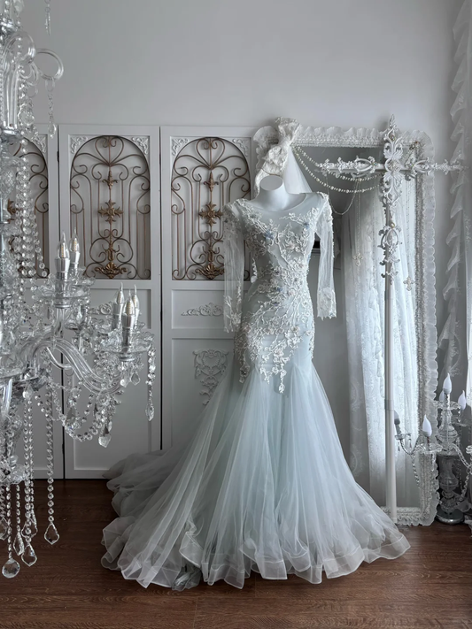 Light Blue Long Sleeve Floral Embroidered Waist-Cinched Mermaid Skirt Prom Gown, Evening Gown & Bridal Wedding Gown gh7351