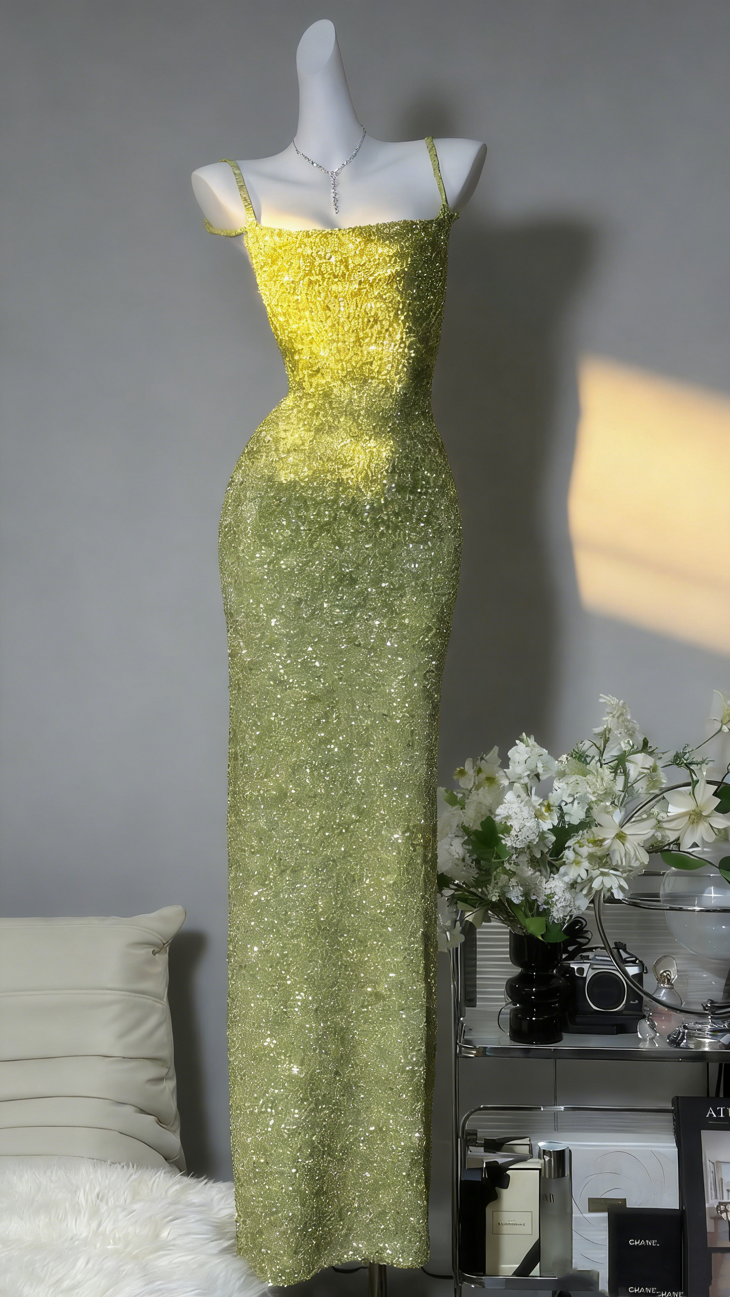 Limettengrünes Spaghettiträgerkleid – eckiger Ausschnitt, rückenfrei, figurbetontes Meerjungfrauen-Maxikleid für Abendveranstaltungen/roten Teppich/Sommerpartys gh6986