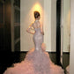 Robe de soirée sirène longue en mousseline rose, luxueuse et ornée de perles, coupe ajustée, gh6758