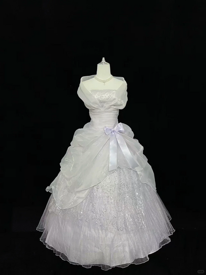 White Vintage Neckline Cinched Waist Sequined Voluminous Princess Skirt Romantic Dress, Wedding Gown gh8005
