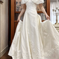 Ivory Vintage Satin A‑Line Wedding Prom Dress, Off‑the‑Shoulder Wide Lace Cape Collar, Pearl Bow, Floral Lace Appliqués Long Train gh8705
