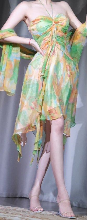 ✨Girlhomeshops-Watercolor Print Halter Chiffon Cocktail Dress Irregular Ruffle Hem Party Gown with Matching Shawl gh10053