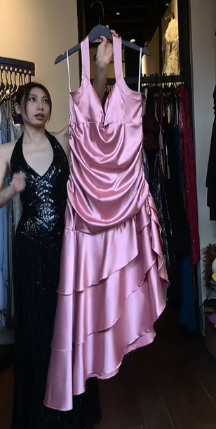 Dusty Pink Halter Deep V Cowl Neck Satin Asymmetrical Tiered Ruffle Long Evening Prom Dress gh9777