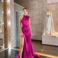 Rosa Mode Elegant Hosenträger Langen Schlitz Satin Ballkleid Abendkleid Partykleid gh3088