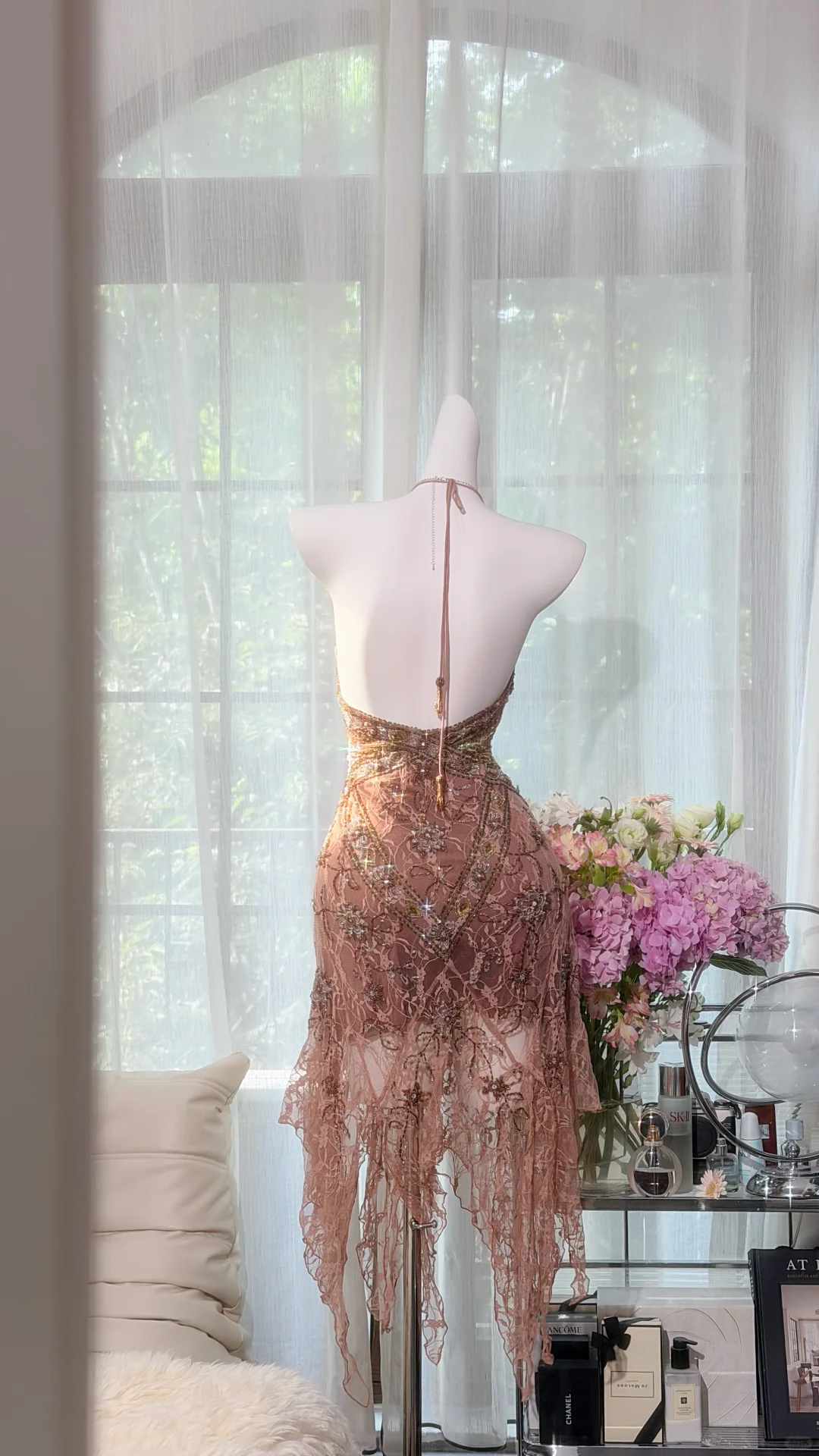 Dusty Rose Halter Lace Beaded Short Evening Dress, V Neck Irregular Fringe Hem Cocktail Gown, Sparkly Party Homecoming Dress gh9497
