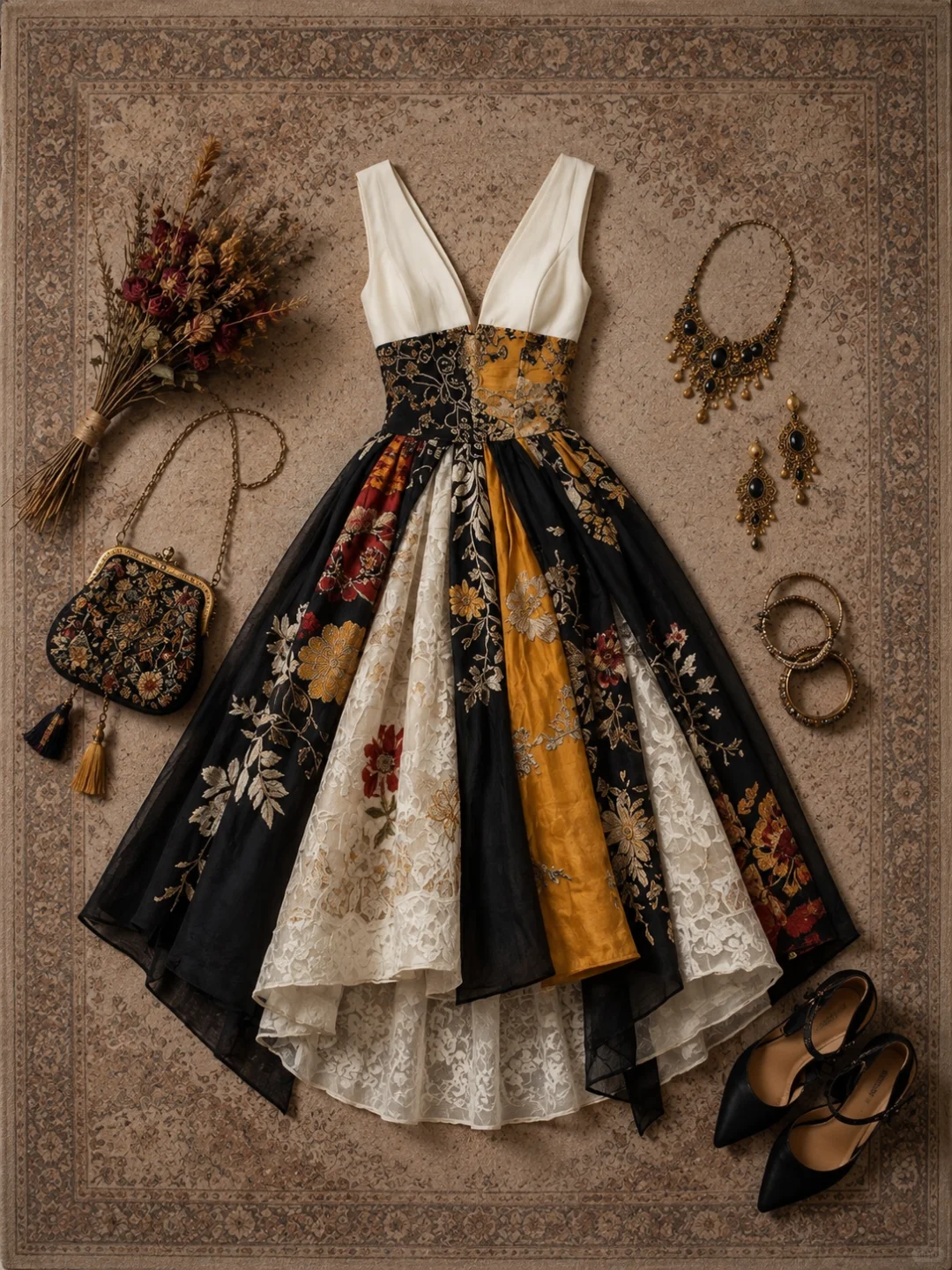 ✨Girlhomeshops-Sleeveless V Neck Patchwork Floral Brocade Lace Midi Dress, High Low Hem gh10296