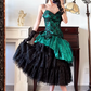 Peacock‑Green‑Vintage Spaghetti‑Strap‑Sweetheart Green‑Black‑Lace‑Bodice Asymmetric‑Contrast‑Layered‑Skirt Glossy‑Green‑Ruffle Multi‑Tier‑Black‑Lace‑Midi Evening Prom Gown gh8819