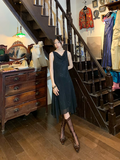 Cowl Neck Black Chiffon Evening Dress, Sleeveless Sparkle Asymmetrical Hem Vintage Midi Formal Gown gh9885