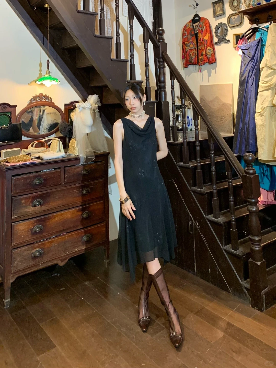 Cowl Neck Black Chiffon Evening Dress, Sleeveless Sparkle Asymmetrical Hem Vintage Midi Formal Gown gh9885
