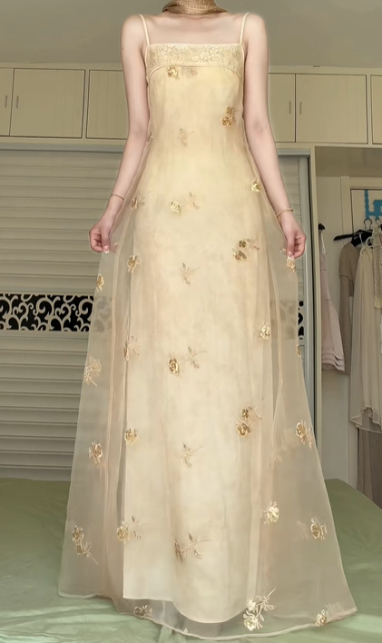 Light Champagne Square Neck Spaghetti Strap Long Evening Gown, Gold Floral Embroidery Sheer Tulle Overlay Formal Prom Dress gh9018