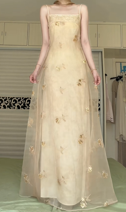 Light Champagne Square Neck Spaghetti Strap Long Evening Gown, Gold Floral Embroidery Sheer Tulle Overlay Formal Prom Dress gh9018
