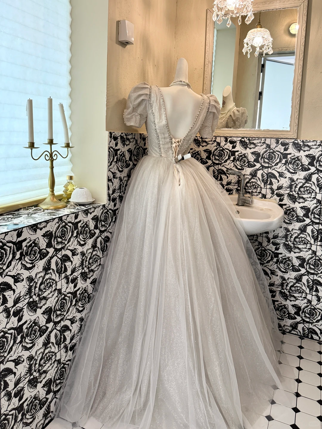 Ivory Puff Sleeve Beaded Waist-Cinched Fitted Full Flared Vintage Romantic Dress, Wedding Gown gh7529