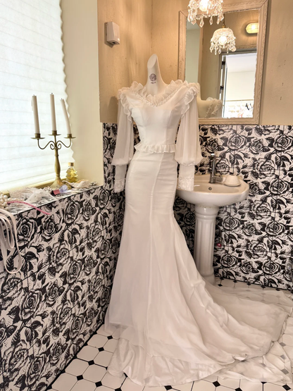 White Long-Sleeve Waist-Cinched Figure-Flattering Sexy Bodycon Long Romantic Dress, Wedding Gown gh7747