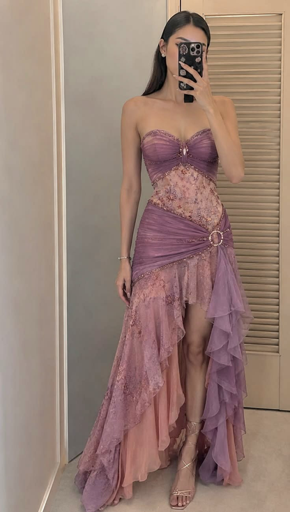✨Girlhomeshops-Purple Pink Ombre Strapless Floral Lace High Low Prom Dress With Beading gh10198