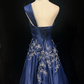 One Shoulder Navy Blue Satin Prom Dress Ruched Bodice Lace Embroidery 3D Floral Beaded Formal Gown gh9553