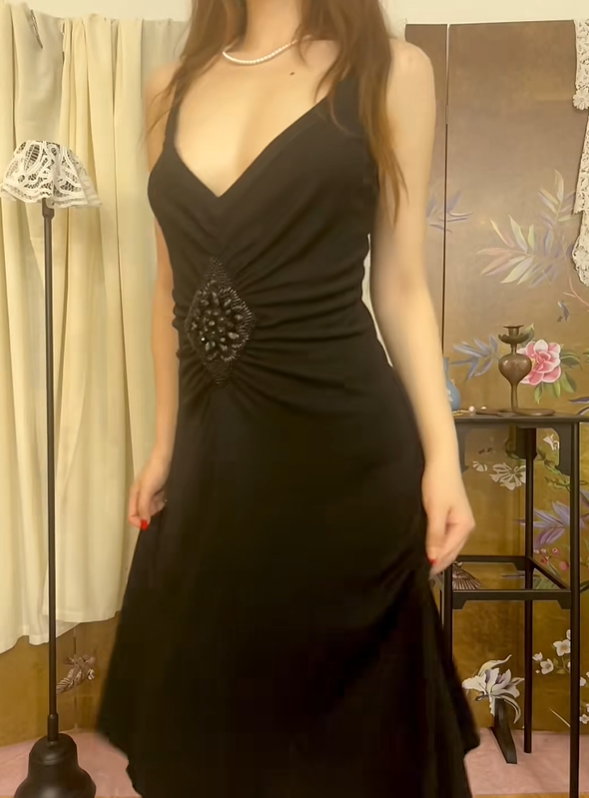 Black Sexy Spaghetti Strap Fitted Waist A-Line Prom & Evening Party Dress gh8406