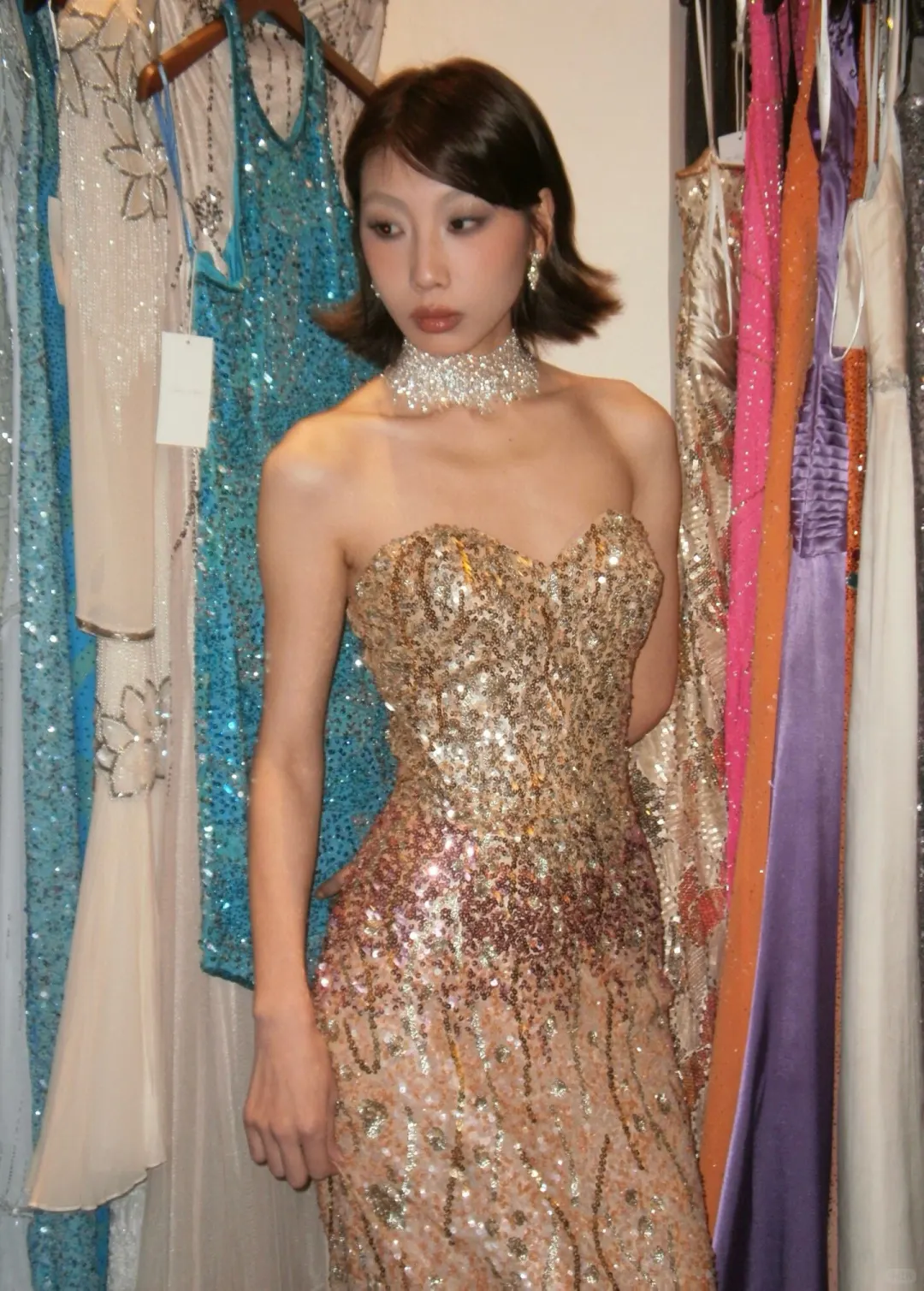 Champagne Gold Strapless Sweetheart Ombre Sequin Rhinestone Mermaid Long Evening Prom Dress gh9761
