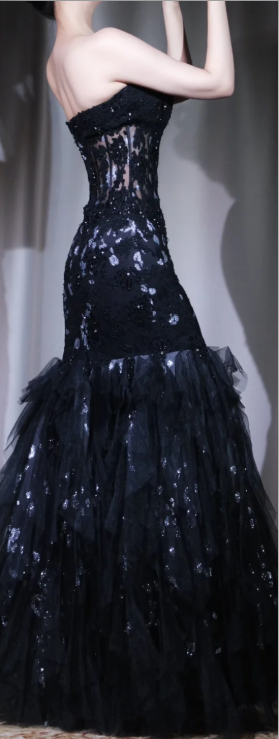 ✨Girlhomeshops-Strapless Black Sweetheart 3D Floral Tiered Tulle Mermaid Evening Dress gh10008