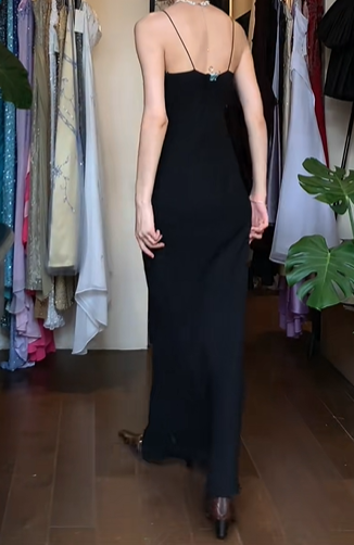 Black Vintage Prom Dress Spaghetti Straps Straight Neck Gold Beaded Chiffon Long Evening Gown gh9603