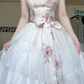 Ivory Pink Rose Print Satin Strapless‑Strap Ball Gown, Sweetheart Lace Bodice Big Bow Sash Multi‑Layer Lace A‑Line Formal Prom Dress gh8972