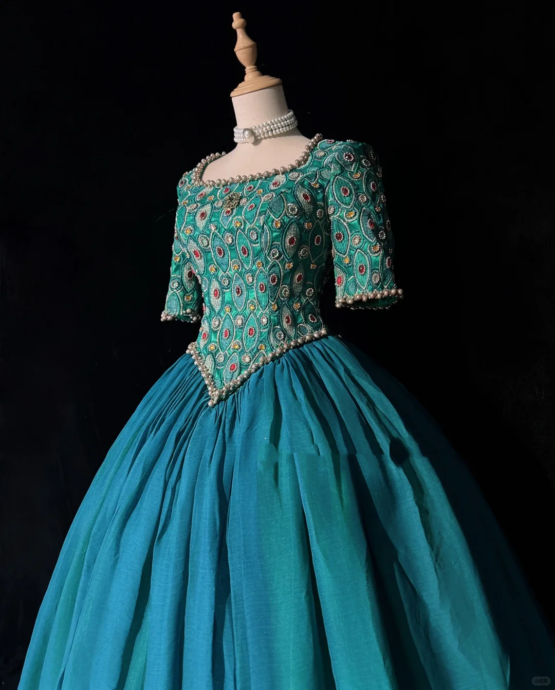 Square Neck Peacock Green Rococo Ball Gown Half Sleeve Colorful Gem Beaded Formal Dress for Prom gh9540