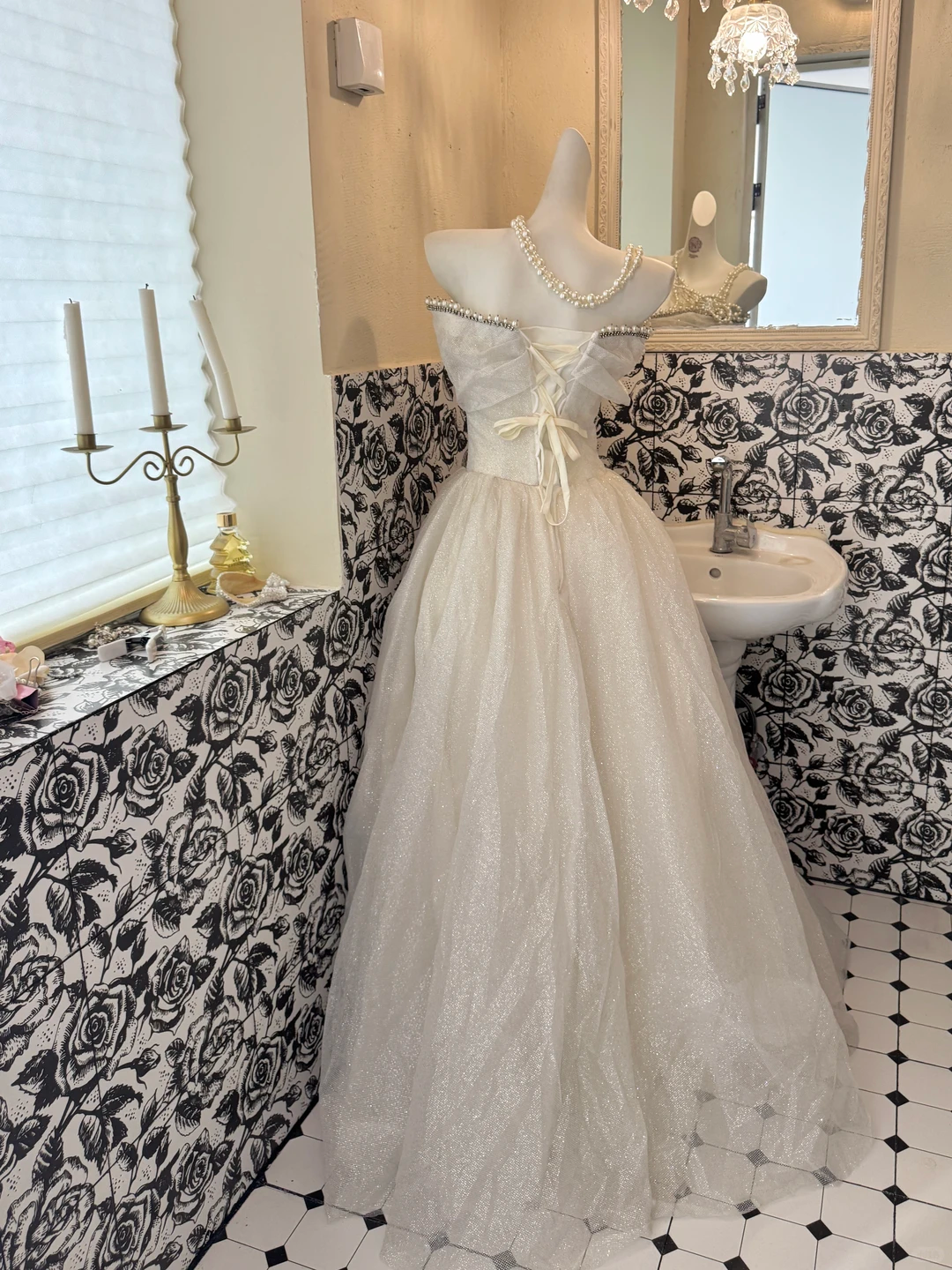 Ivory Strapless Beaded Neckline Design Waist-Cinched Voluminous Skirt Romantic Dress, Wedding Gown gh7693