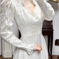 Ivory Vintage Ruffled‑V‑Neck Lace Puff‑Sleeve Diagonal‑Ruffle Long Train Wedding Dress gh8776