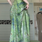Green Oil‑Painting Landscape Print Spaghetti Strap Long Evening Gown, V‑Neck Empire Waist Flowy A‑Line Formal Prom Dress gh8998