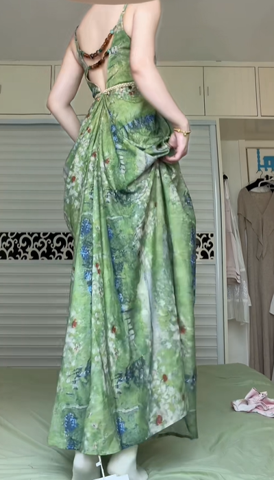 Green Oil‑Painting Landscape Print Spaghetti Strap Long Evening Gown, V‑Neck Empire Waist Flowy A‑Line Formal Prom Dress gh8998