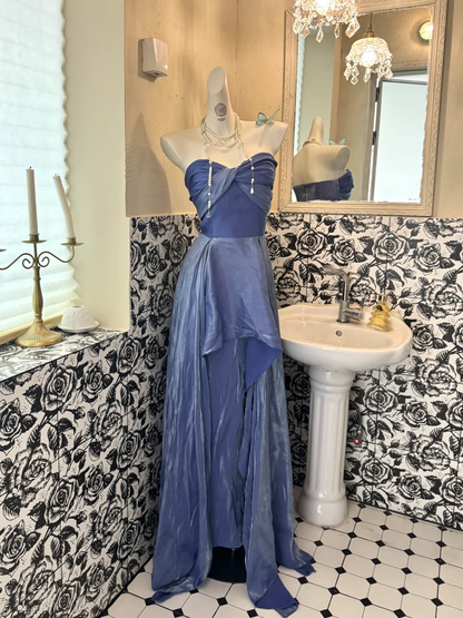 Slate Blue Strapless Waist-Cinched Fitted Asymmetrical Skirt Vintage Romantic Dress gh7508