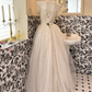 Ivory Off-the-Shoulder Check Pattern Designed Waist-Cinched A-Line Elegant Romantic Dress, Wedding Gown gh7723