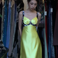 Lemon Yellow Sweetheart Neck Long Formal Gown Printed Wide Strap Satin A-Line Evening Dress gh9665