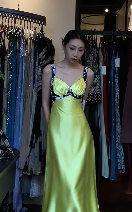 Lemon Yellow Sweetheart Neck Long Formal Gown Printed Wide Strap Satin A-Line Evening Dress gh9665