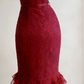 Strapless Sweetheart Burgundy Lace Mermaid Evening Gown with Satin Bow and Tiered Ruffle Hem gh9465