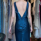 Sleeveless Peacock Blue Satin Evening Gown Deep V Front Ruched Ruffle Long Prom Dress gh9706