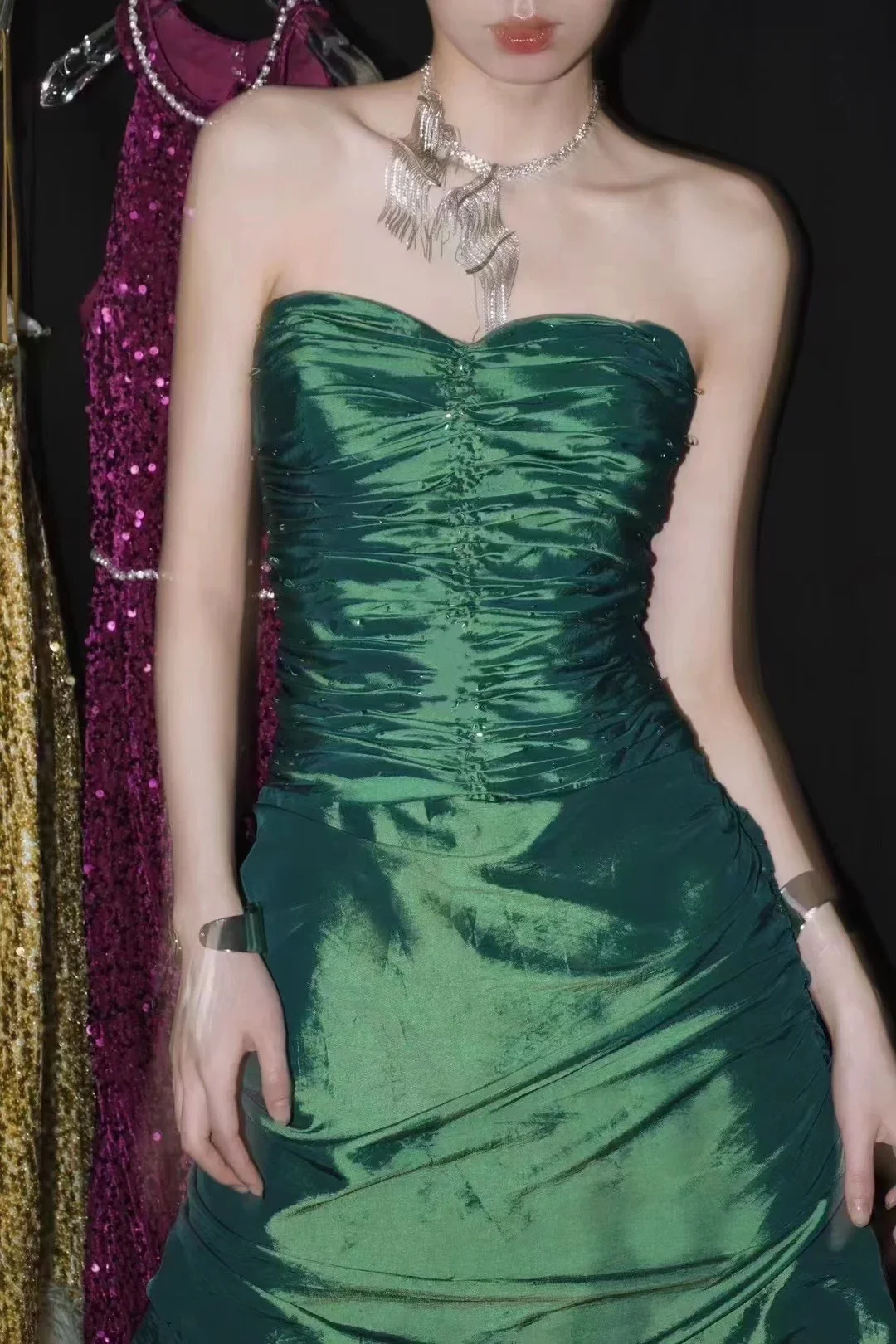 Dark Green Iridescent Strapless Ruffled Long Evening Gown Ruched Prom Dress gh9853