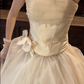 Cream Apricot Strapless Vintage Wedding Gown, Draped Bodice Satin Bow 3D Floral Ruffled Tulle A‑Line Train Bridal Dress gh9060