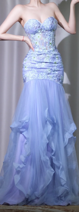 ✨Girlhomeshops-Lavender Strapless Floral Mermaid Prom Gown Ruffle Tulle Long Evening Dress gh10098