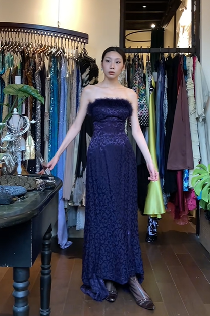 Dark Purple Strapless Long Formal Gown Feather Trim Jacquard A-Line Evening Dress gh9652