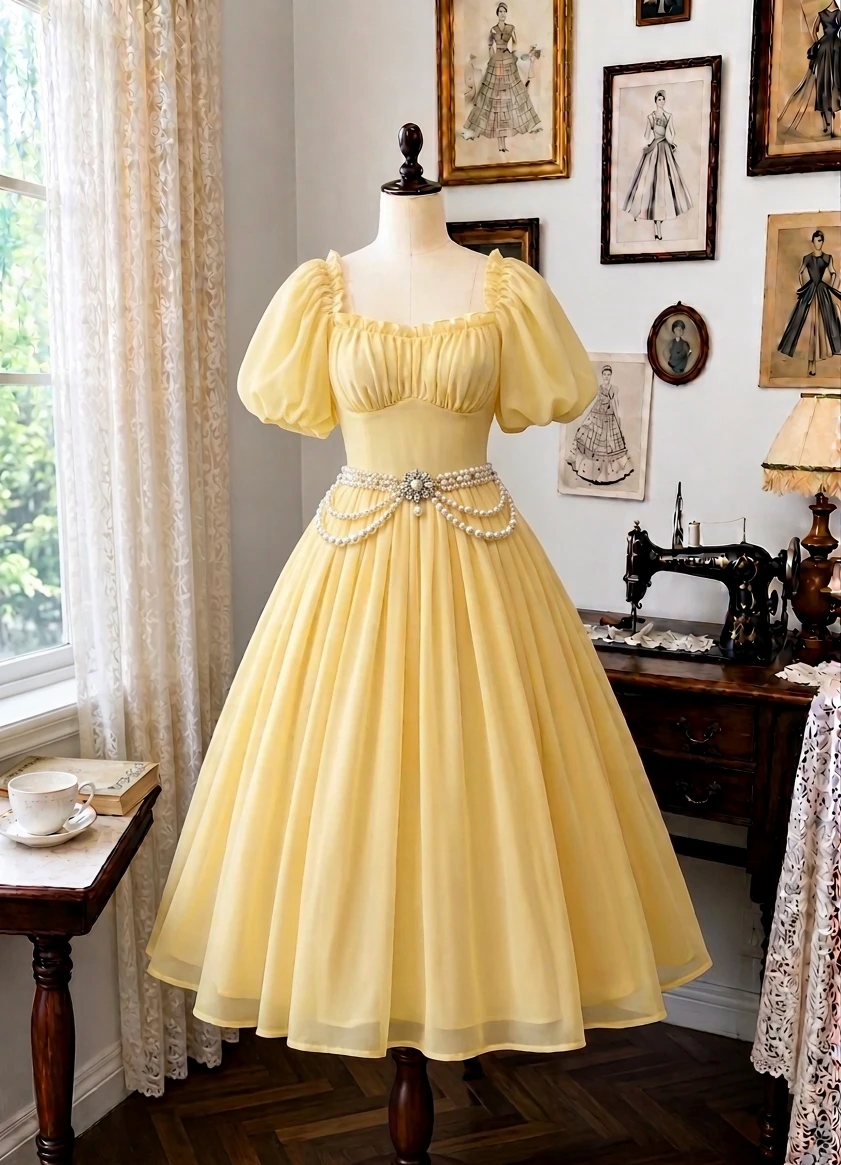 Pale Yellow Vintage Midi Prom Dress, Square Neck Ruffle Puff Short Sleeves Pearl Rhinestone Waist Ornament High Waist Chiffon Full Swing Skirt Princess Party Gown gh9097