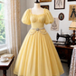 Pale Yellow Vintage Midi Prom Dress, Square Neck Ruffle Puff Short Sleeves Pearl Rhinestone Waist Ornament High Waist Chiffon Full Swing Skirt Princess Party Gown gh9097