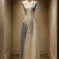 ✨Girlhomeshops-Off White Blue Color Block Lace Floral Long Cheongsam Qipao gh10444