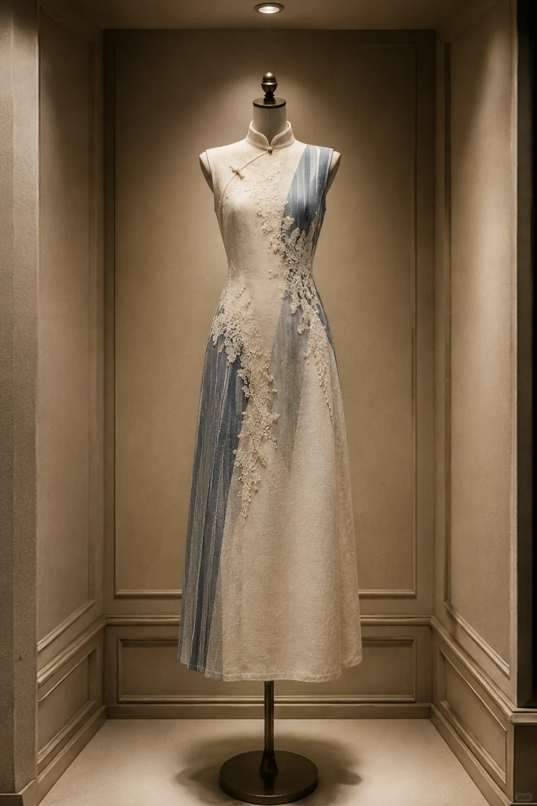 ✨Girlhomeshops-Off White Blue Color Block Lace Floral Long Cheongsam Qipao gh10444