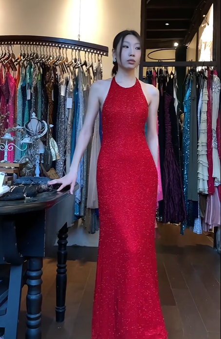 Bright Red Halter Long Formal Gown Allover Sequin Mermaid Evening Dress gh9672