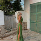 Green simple halter neck suspenders sparkling sequins long slit ball gown evening dress party dress gh3007