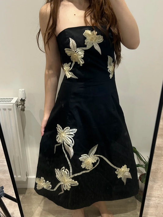 Black Vintage Luxury Strapless Apricot Print Fitted Waist Prom & Evening Party Dress gh8446
