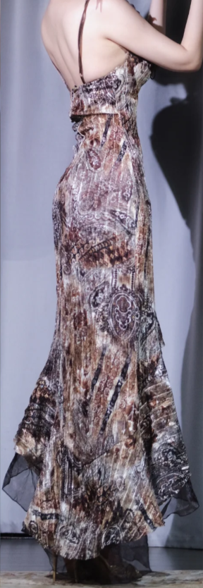 ✨Girlhomeshops-Spaghetti Strap Vintage Brown Print Mermaid Dress Beaded Asymmetrical Ruffle Evening Gown gh10046